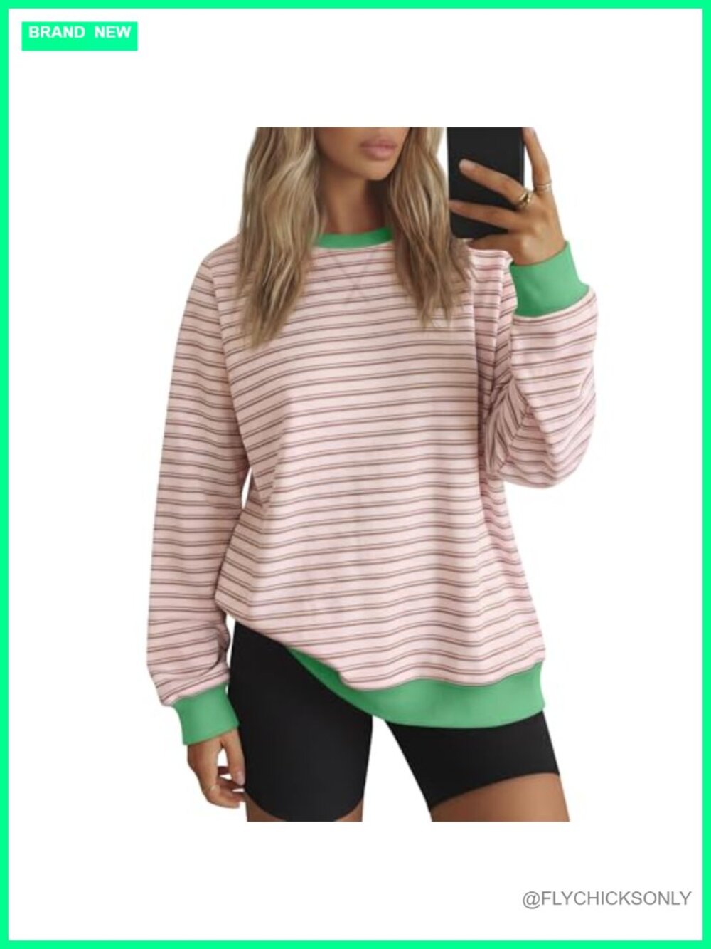 Oversized Striped Sweatshirt Cotton Polyester Crew Neck Pullover Top